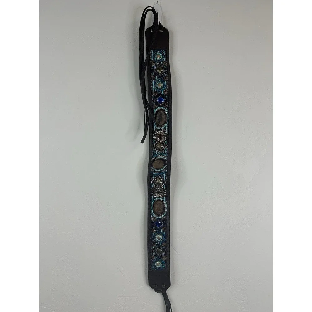 Beaded Faux Leather Embellished Fringe Tie Belt Southwestern Boho Festival OS